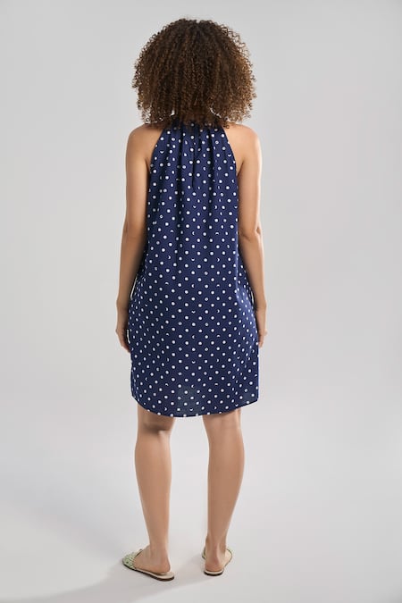 Shop Terra Luna Blue , Handloom Halter Neck Lunar Polka Print Dress at Aza Fashions Shop_Terra Luna_Blue , Handloom Halter Neck Lunar Polka Print Dress _at_Aza_Fashions