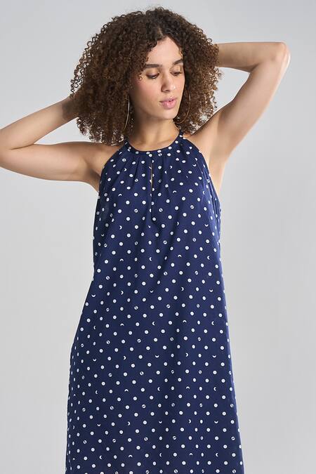 Terra Luna Blue , Handloom Halter Neck Lunar Polka Print Dress Online at Aza Fashions Terra Luna_Blue , Handloom Halter Neck Lunar Polka Print Dress _Online_at_Aza_Fashions