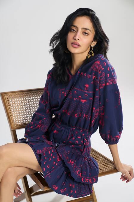 Terra Luna_Blue Cotton V-neck Cosmic Medley Print Short Dress _Online_at_Aza_Fashions