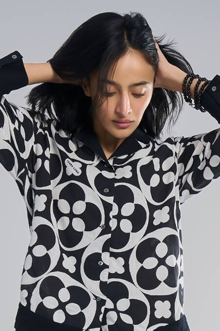 Terra Luna_Black Cotton Collared Crescent Bloom Aurora Pattern Shirt _Online_at_Aza_Fashions
