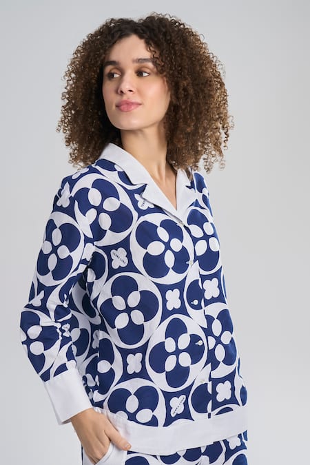 Terra Luna Blue Cotton Collared Crescent Bloom Print Shirt Online at Aza Fashions Terra Luna_Blue Cotton Collared Crescent Bloom Print Shirt _Online_at_Aza_Fashions