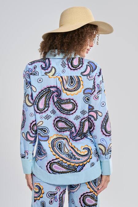 Shop Terra Luna Blue Cotton Collared Selene Paisley Print Shirt at Aza Fashions Shop_Terra Luna_Blue Cotton Collared Selene Paisley Print Shirt _at_Aza_Fashions