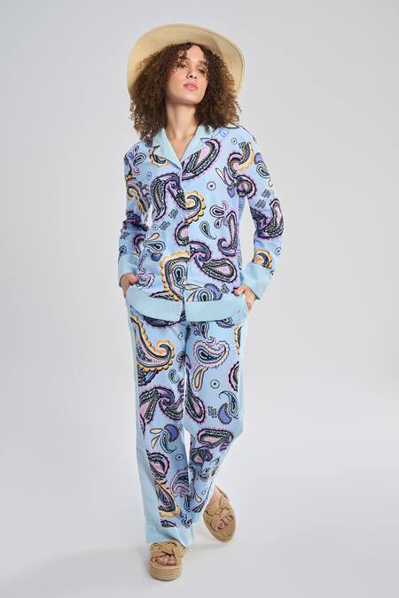 Terra Luna Blue Cotton Collared Selene Paisley Print Shirt Online at Aza Fashions Terra Luna_Blue Cotton Collared Selene Paisley Print Shirt _Online_at_Aza_Fashions