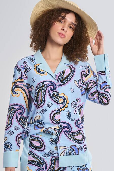 Buy Terra Luna Blue Cotton Collared Selene Paisley Print Shirt Online at Aza Fashions Buy_Terra Luna_Blue Cotton Collared Selene Paisley Print Shirt _Online_at_Aza_Fashions