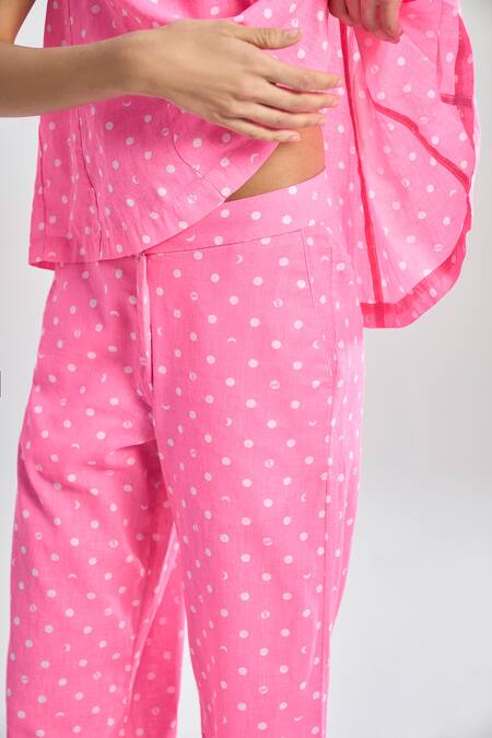 Terra Luna Pink 100% Organic Handloom Cotton Printed Lunar Polka Dot Flared Pant Online at Aza Fashions Terra Luna_Pink 100% Organic Handloom Cotton Printed Lunar Polka Dot Flared Pant _Online_at_Aza_Fashions