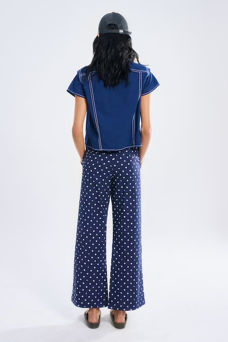 Shop Terra Luna Blue 100% Organic Handloom Cotton Printed Lunar Polka Dot Flared Pant at Aza Fashions Shop_Terra Luna_Blue 100% Organic Handloom Cotton Printed Lunar Polka Dot Flared Pant _at_Aza_Fashions