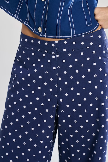 Terra Luna Blue 100% Organic Handloom Cotton Printed Lunar Polka Dot Flared Pant Online at Aza Fashions Terra Luna_Blue 100% Organic Handloom Cotton Printed Lunar Polka Dot Flared Pant _Online_at_Aza_Fashions