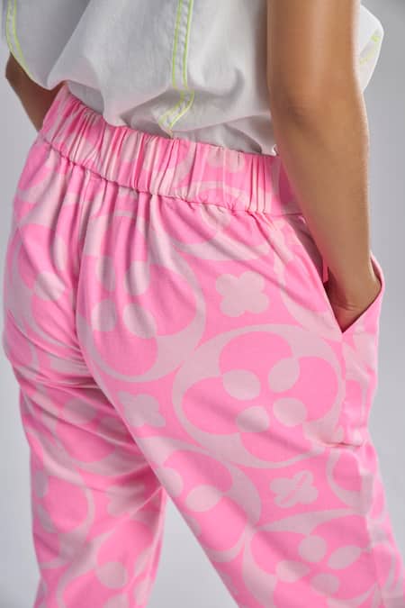 Shop Terra Luna Pink 100% Organic Handloom Cotton Print Bloom Aurora Crescent Trouser at Aza Fashions Shop_Terra Luna_Pink 100% Organic Handloom Cotton Print Bloom Aurora Crescent Trouser _at_Aza_Fashions