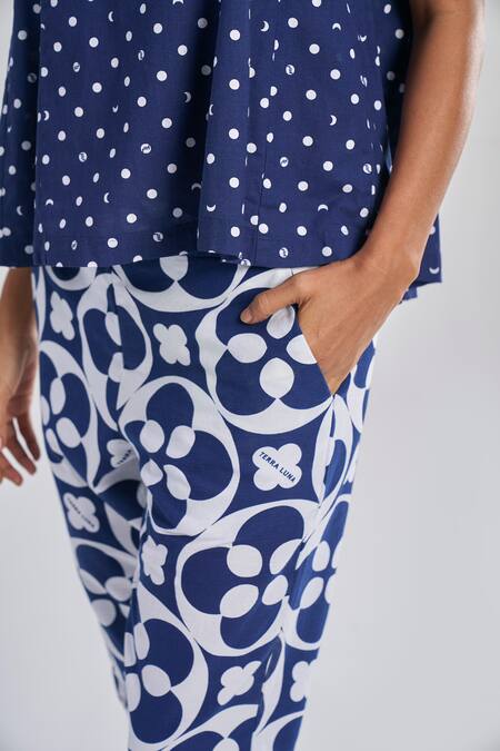Terra Luna_Blue 100% Organic Handloom Cotton Print Floral Trouser _Online_at_Aza_Fashions