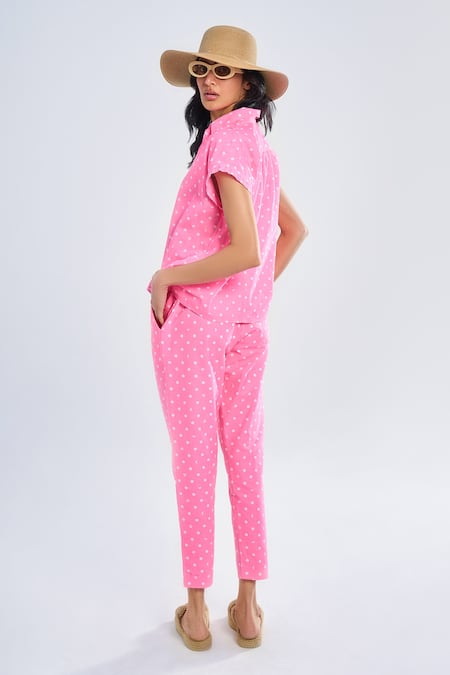 Shop Terra Luna Pink 100% Organic Handloom Cotton Print Polka Lunar Aurora Trouser at Aza Fashions Shop_Terra Luna_Pink 100% Organic Handloom Cotton Print Polka Lunar Aurora Trouser _at_Aza_Fashions