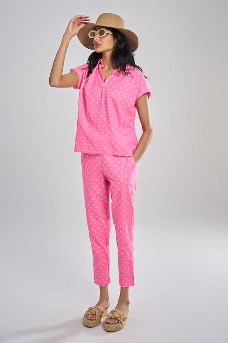 Terra Luna Pink 100% Organic Handloom Cotton Print Polka Lunar Aurora Trouser Online at Aza Fashions Terra Luna_Pink 100% Organic Handloom Cotton Print Polka Lunar Aurora Trouser _Online_at_Aza_Fashions