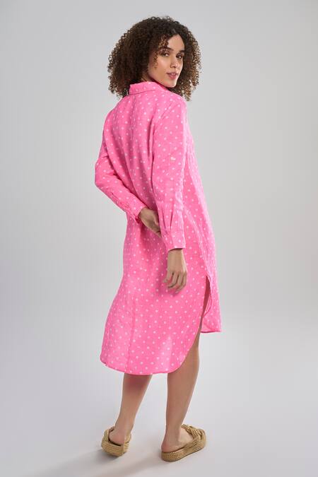 Shop_Terra Luna_Pink Linen Collared Lunar Polka Dot Print Shirt Dress_at_Aza_Fashions