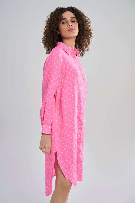 Terra Luna_Pink Linen Collared Lunar Polka Dot Print Shirt Dress_Online_at_Aza_Fashions