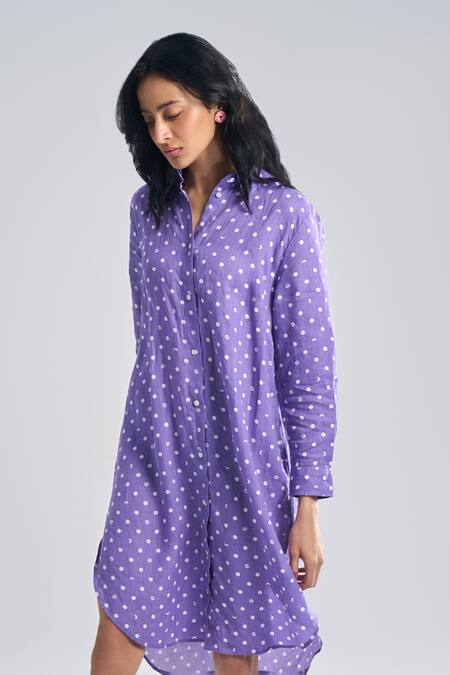 Terra Luna_Purple Linen Collared Lunar Polka Print Shirt Dress_Online_at_Aza_Fashions