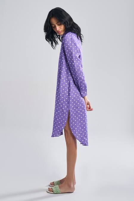 Buy_Terra Luna_Purple Linen Collared Lunar Polka Print Shirt Dress_Online_at_Aza_Fashions