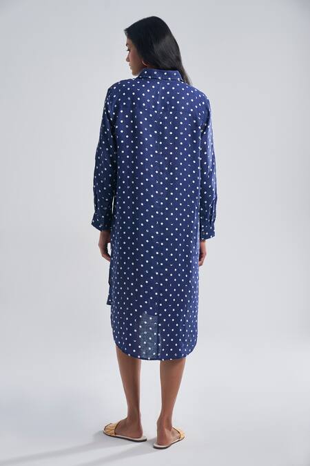 Shop Terra Luna Blue Linen Collared Lunar Polka Wonder Print Shirt Dress at Aza Fashions Shop_Terra Luna_Blue Linen Collared Lunar Polka Wonder Print Shirt Dress_at_Aza_Fashions
