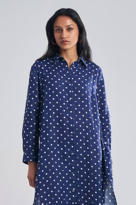 Terra Luna Blue Linen Collared Lunar Polka Wonder Print Shirt Dress Online at Aza Fashions Terra Luna_Blue Linen Collared Lunar Polka Wonder Print Shirt Dress_Online_at_Aza_Fashions