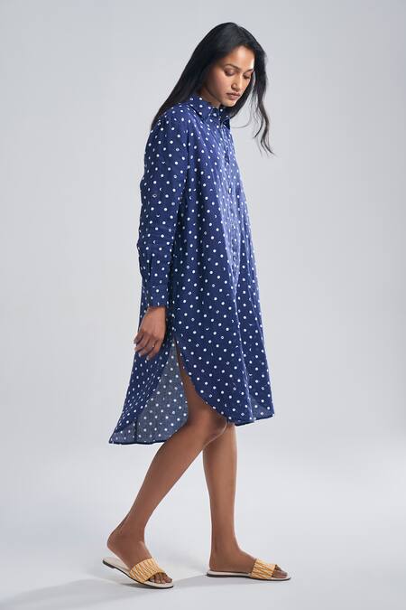 Buy Terra Luna Blue Linen Collared Lunar Polka Wonder Print Shirt Dress Online at Aza Fashions Buy_Terra Luna_Blue Linen Collared Lunar Polka Wonder Print Shirt Dress_Online_at_Aza_Fashions
