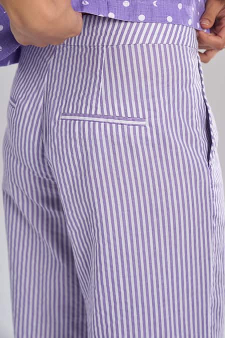 Shop Terra Luna Purple 100% Organic Handloom Cotton Print Striped Aurora Bling Balance Trouser at Aza Fashions Shop_Terra Luna_Purple 100% Organic Handloom Cotton Print Striped Aurora Bling Balance Trouser _at_Aza_Fashions