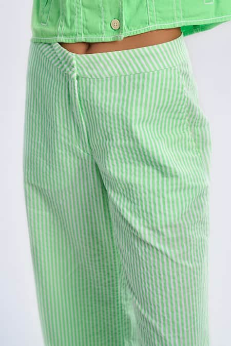 Terra Luna_Green 100% Organic Handloom Cotton Print Striped Aurora Bling Candy Trouser _Online_at_Aza_Fashions