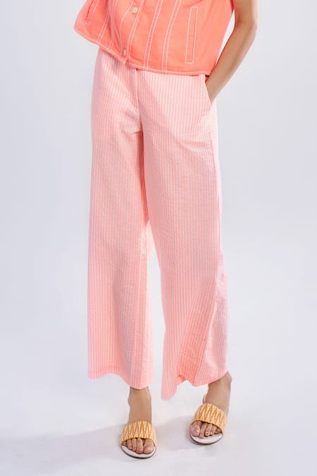 Terra Luna_Orange 100% Organic Handloom Cotton Print Striped Aurora Candy Trouser _Online_at_Aza_Fashions