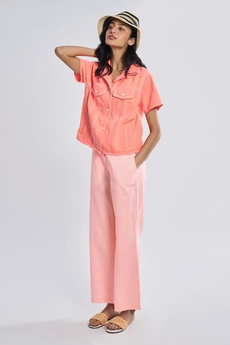 Buy_Terra Luna_Orange 100% Organic Handloom Cotton Print Striped Aurora Candy Trouser _Online_at_Aza_Fashions