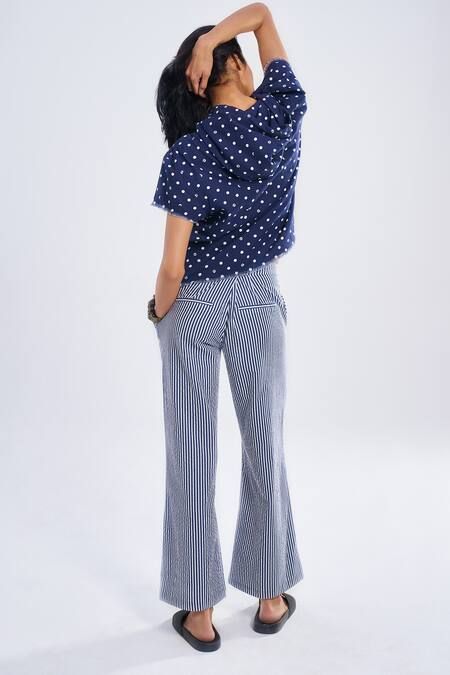 Shop_Terra Luna_Blue 100% Organic Handloom Cotton Print Striped Aurora Trouser _at_Aza_Fashions