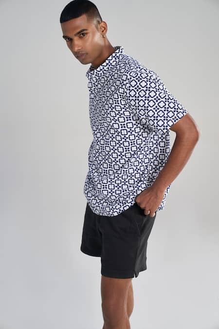 Terra Luna_Blue Cotton Comet Check Pattern Woven T-shirt _Online_at_Aza_Fashions