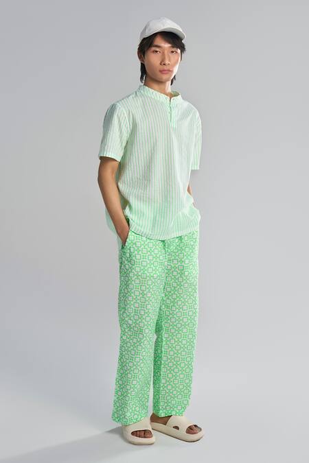 Terra Luna_Green Cotton Pinstripe Pattern Woven T-shirt _Online_at_Aza_Fashions