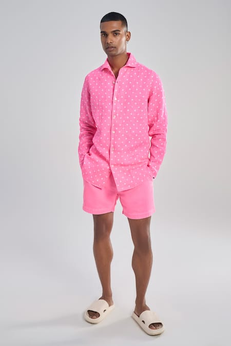 Terra Luna Pink 100% Linen Woven Lunar Polka Pattern Shirt 