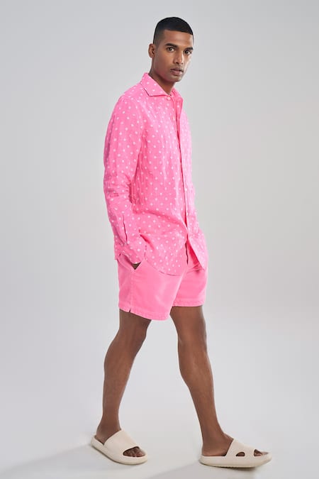 Terra Luna_Pink Linen Lunar Polka Pattern Woven Shirt _Online_at_Aza_Fashions