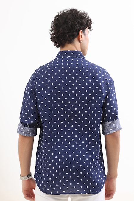 Shop Terra Luna Blue Linen Woven Lunar Polka Pattern Shirt at Aza Fashions Shop_Terra Luna_Blue Linen Woven Lunar Polka Pattern Shirt _at_Aza_Fashions