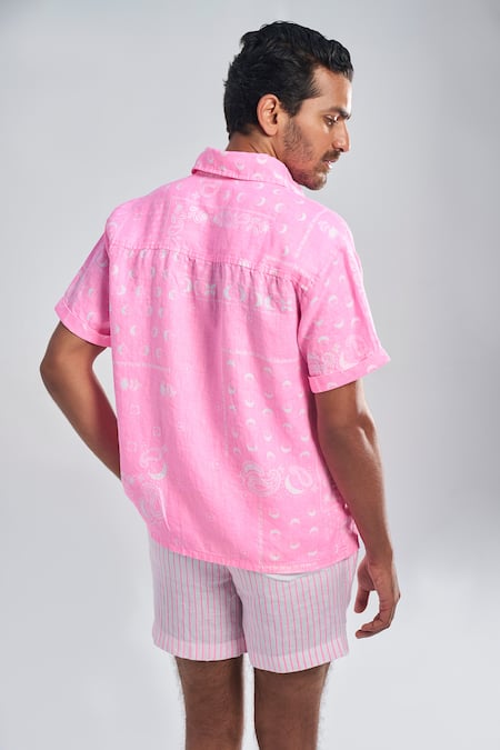 Shop Terra Luna Pink Linen Embroidery Cosmic Medley Aurora Surfer Shirt at Aza Fashions Shop_Terra Luna_Pink Linen Embroidery Cosmic Medley Aurora Surfer Shirt _at_Aza_Fashions