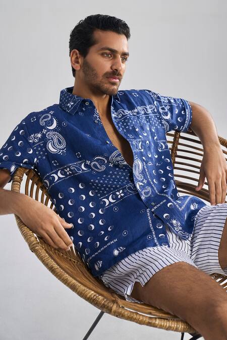 Terra Luna Blue Linen Embroidery Cosmic Medley Aurora Surfer Shirt Online at Aza Fashions Terra Luna_Blue Linen Embroidery Cosmic Medley Aurora Surfer Shirt _Online_at_Aza_Fashions