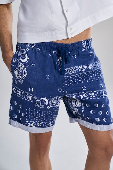 Terra Luna_Blue Linen Cosmic Medley Pattern Shorts _Online_at_Aza_Fashions
