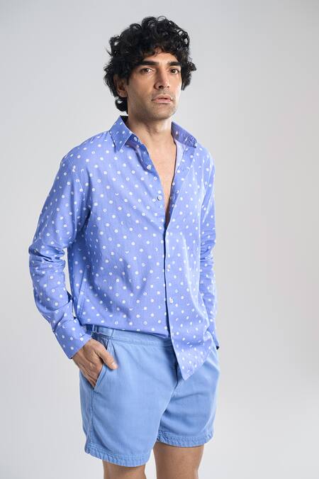 Terra Luna_Sky Blue Oxford Lunar Polka Summer Shirt _Online_at_Aza_Fashions