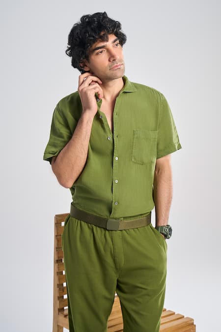 Terra Luna Green 100% Organic Handloom Oxford Cotton Solid Wide Leg Lounge Trouser Online at Aza Fashions Terra Luna_Green 100% Organic Handloom Oxford Cotton Solid Wide Leg Lounge Trouser _Online_at_Aza_Fashions