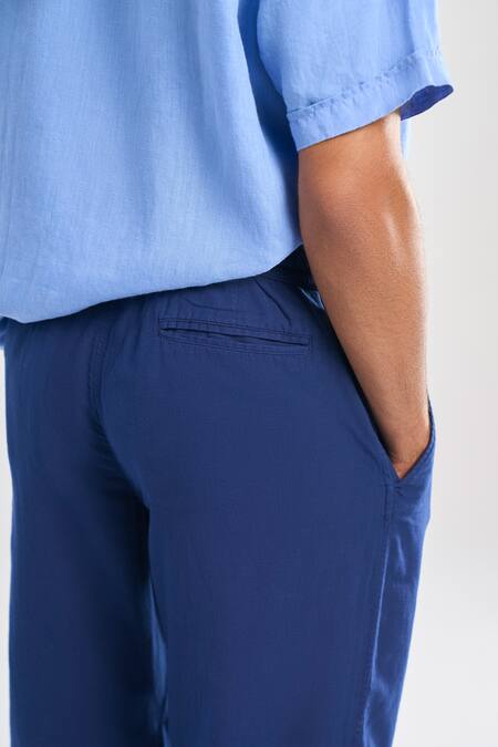 Shop_Terra Luna_Blue 100% Organic Handloom Oxford Cotton Wide Leg Solid Lounge Trouser _at_Aza_Fashions