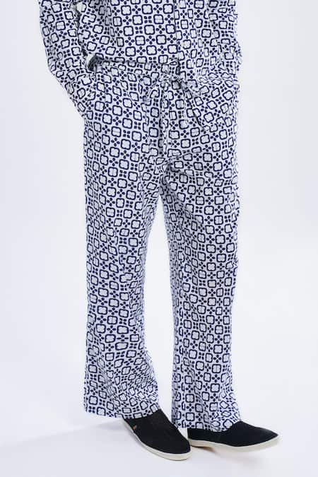 Terra Luna_Blue 100% Organic Handloom Oxford Cotton Comet Pattern Wide Leg Lounge Trouser _Online_at_Aza_Fashions