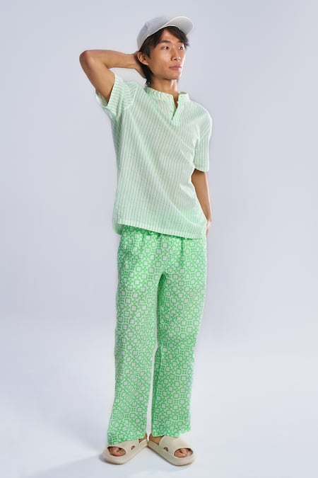 Terra Luna Green 100% Organic Handloom Oxford Cotton Aurora Pattern Wide Leg Lounge Trouser 