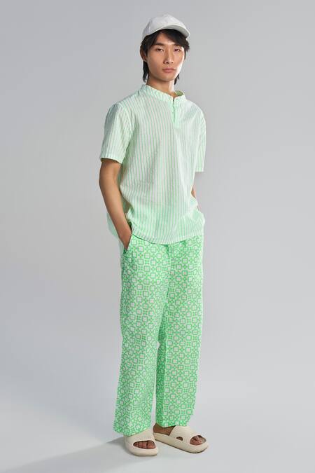 Terra Luna Green 100% Organic Handloom Oxford Cotton Aurora Pattern Wide Leg Lounge Trouser Online at Aza Fashions Terra Luna_Green 100% Organic Handloom Oxford Cotton Aurora Pattern Wide Leg Lounge Trouser _Online_at_Aza_Fashions