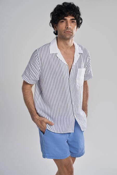 Terra Luna_Blue Linen Pinstriped Shirt _Online_at_Aza_Fashions