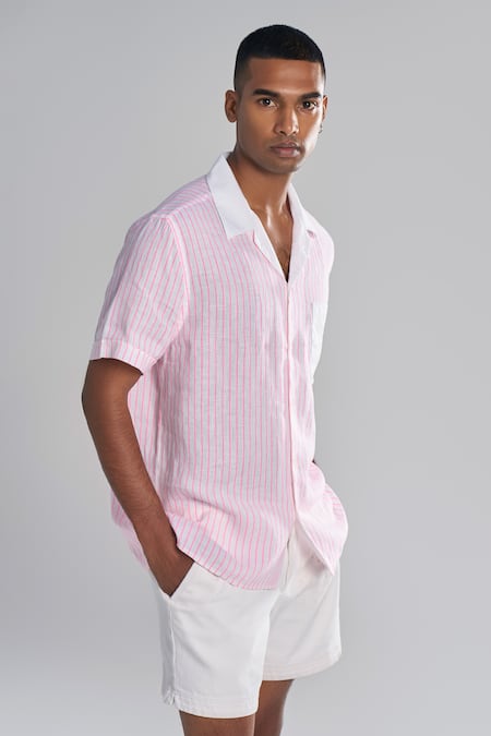 Terra Luna_Pink Linen Pinstriped Shirt _Online_at_Aza_Fashions
