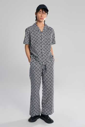 Terra Luna_Black Cotton Embroidery Vacay Camp Linen Geometric Pattern Shirt _Online_at_Aza_Fashions