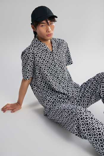Buy_Terra Luna_Black Cotton Embroidery Vacay Camp Linen Geometric Pattern Shirt _Online_at_Aza_Fashions