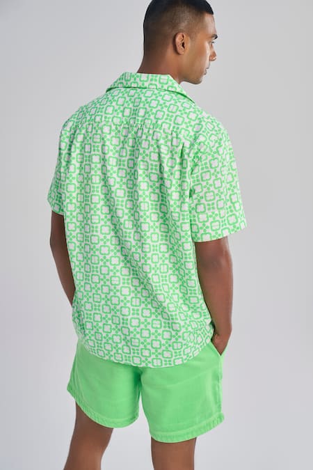 Shop Terra Luna Green Oxford, Cotton Embroidery Vacay Camp Floral Geometric Pattern Shirt at Aza Fashions Shop_Terra Luna_Green Oxford, Cotton Embroidery Vacay Camp Floral Geometric Pattern Shirt _at_Aza_Fashions