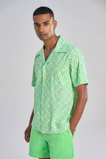 Terra Luna Green Oxford, Cotton Embroidery Vacay Camp Floral Geometric Pattern Shirt Online at Aza Fashions Terra Luna_Green Oxford, Cotton Embroidery Vacay Camp Floral Geometric Pattern Shirt _Online_at_Aza_Fashions