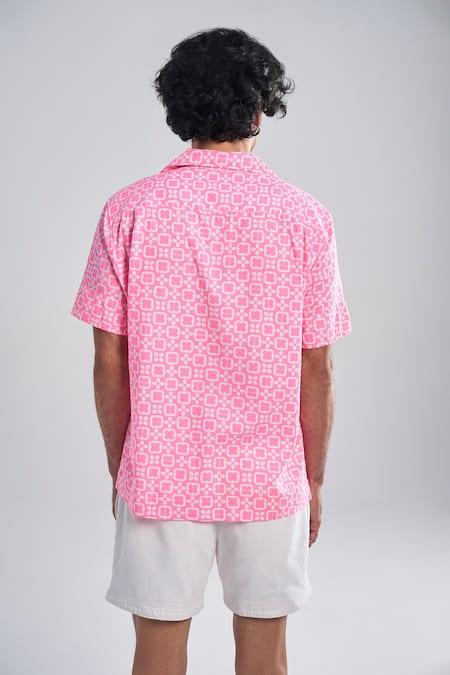Shop Terra Luna Pink Cotton Embroidery Vacay Camp Checkered Geometric Pattern Shirt at Aza Fashions Shop_Terra Luna_Pink Cotton Embroidery Vacay Camp Checkered Geometric Pattern Shirt _at_Aza_Fashions
