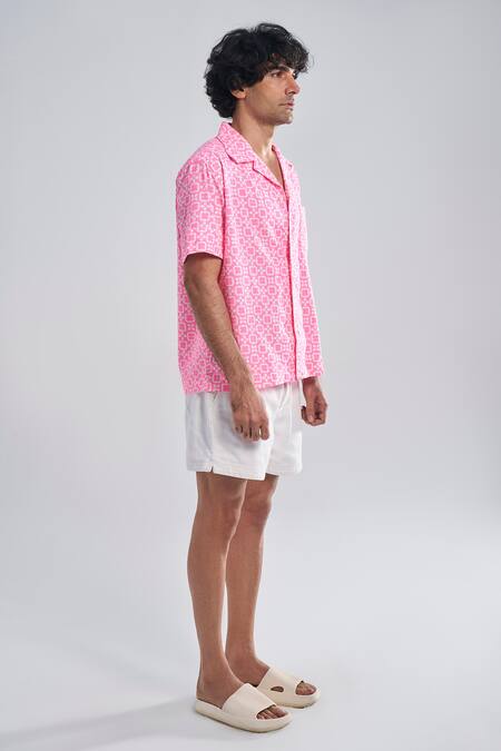 Terra Luna Pink Cotton Embroidery Vacay Camp Checkered Geometric Pattern Shirt Online at Aza Fashions Terra Luna_Pink Cotton Embroidery Vacay Camp Checkered Geometric Pattern Shirt _Online_at_Aza_Fashions