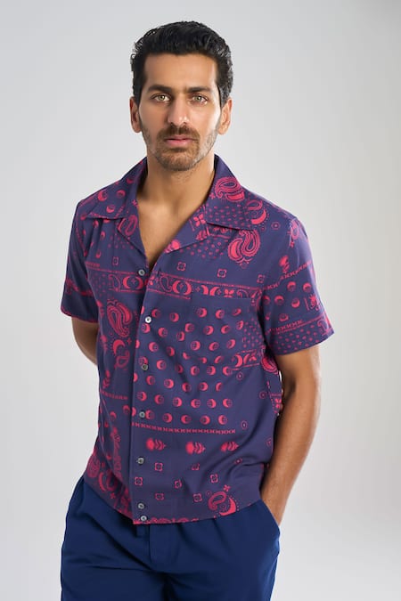 Terra Luna_Purple Cotton Embroidery Vacay Camp Half Moon Pattern Shirt _Online_at_Aza_Fashions